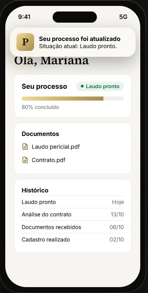 Área do cliente no celular mostrando o andamento do processo